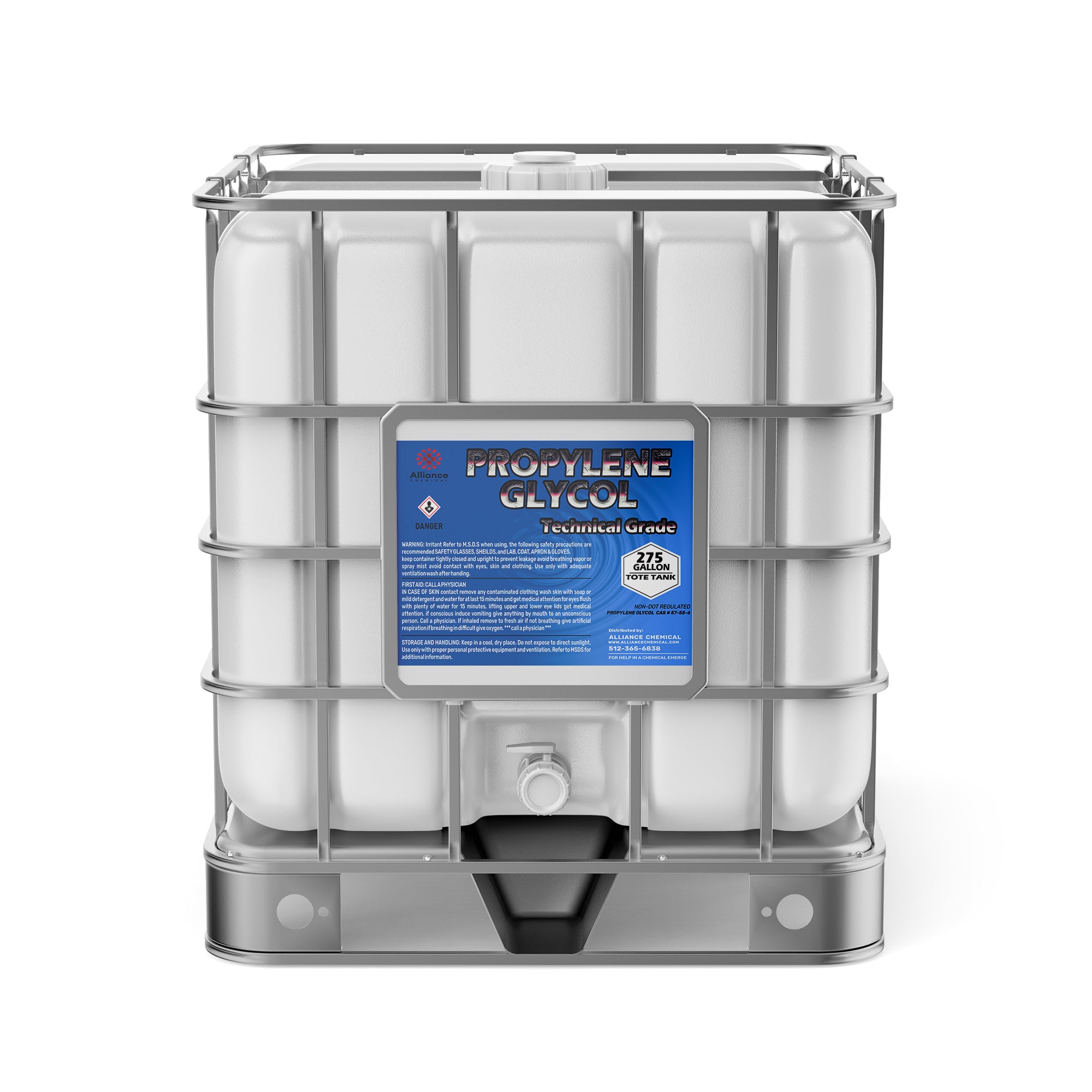 275-gallon technical-grade Propylene Glycol in white IBC tote tank with metal cage, hazard warning label, and bottom discharge valve.